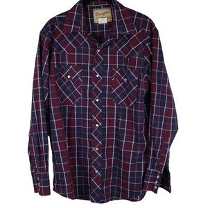EUC Wrangler Western Pearl Snap Dress Shirt Plaid Long Sleeve Mens M
